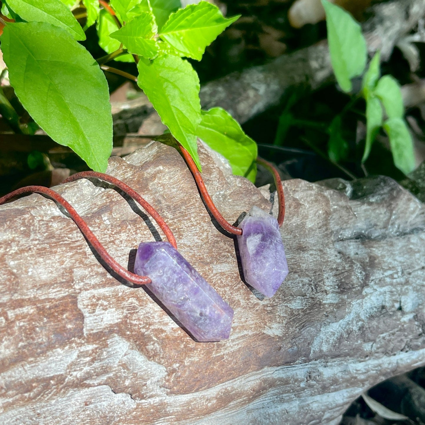 "Dabble In Dimensions" Purple Amethyst Stone Pendant Leather Necklace