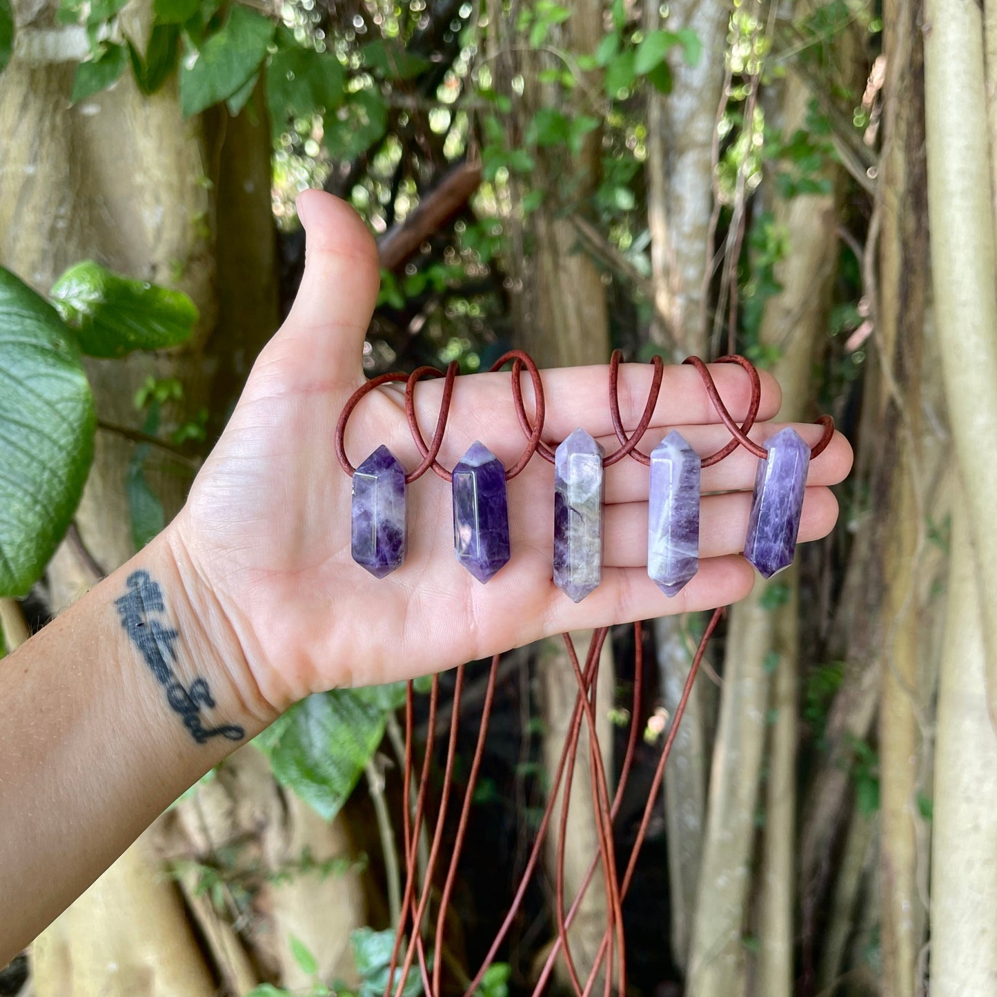 "Dabble In Dimensions" Purple Amethyst Stone Pendant Leather Necklace