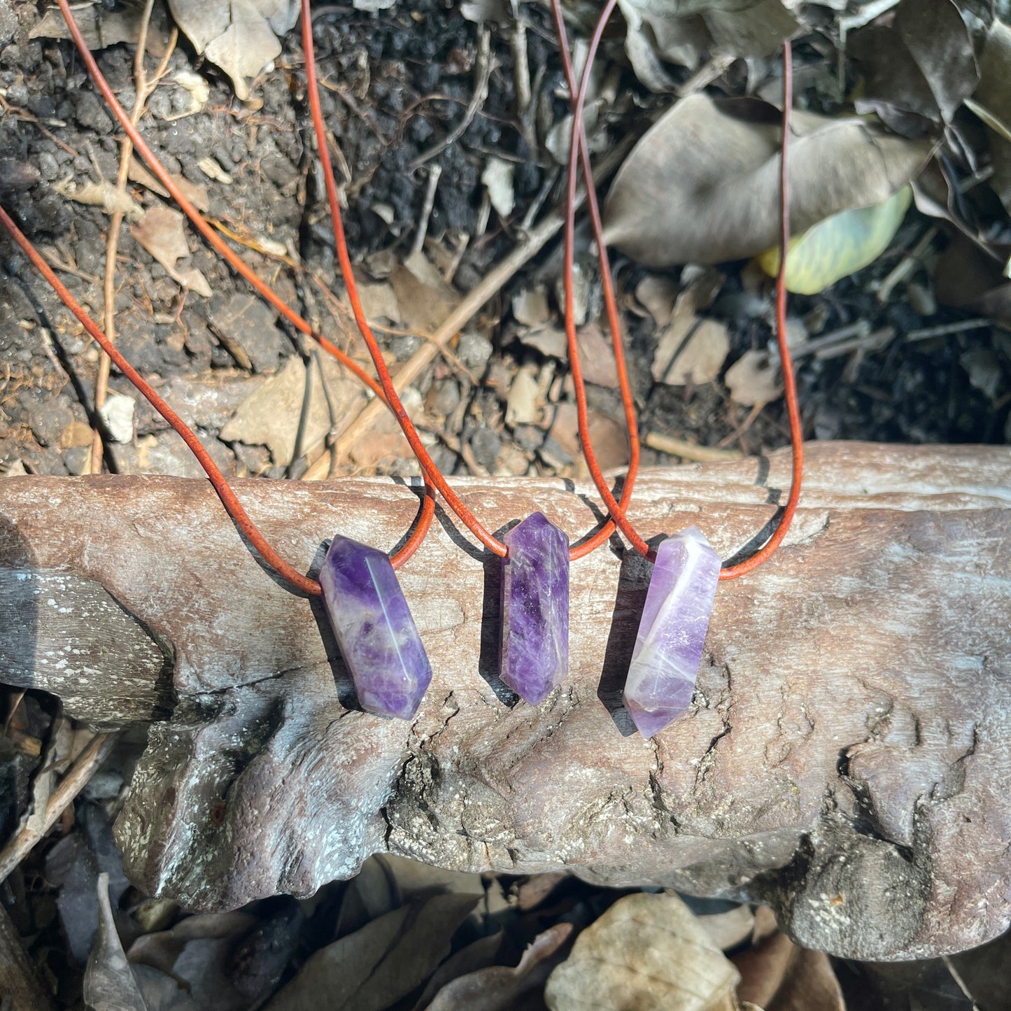 "Dabble In Dimensions" Purple Amethyst Stone Pendant Leather Necklace