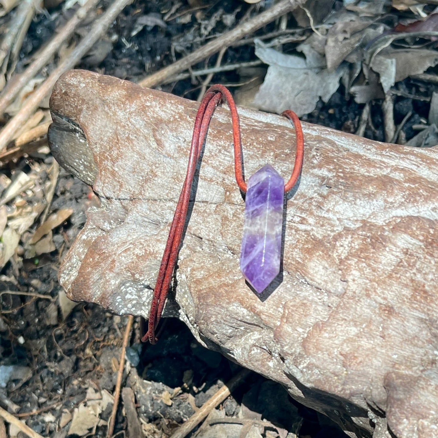 "Dabble In Dimensions" Purple Amethyst Stone Pendant Leather Necklace