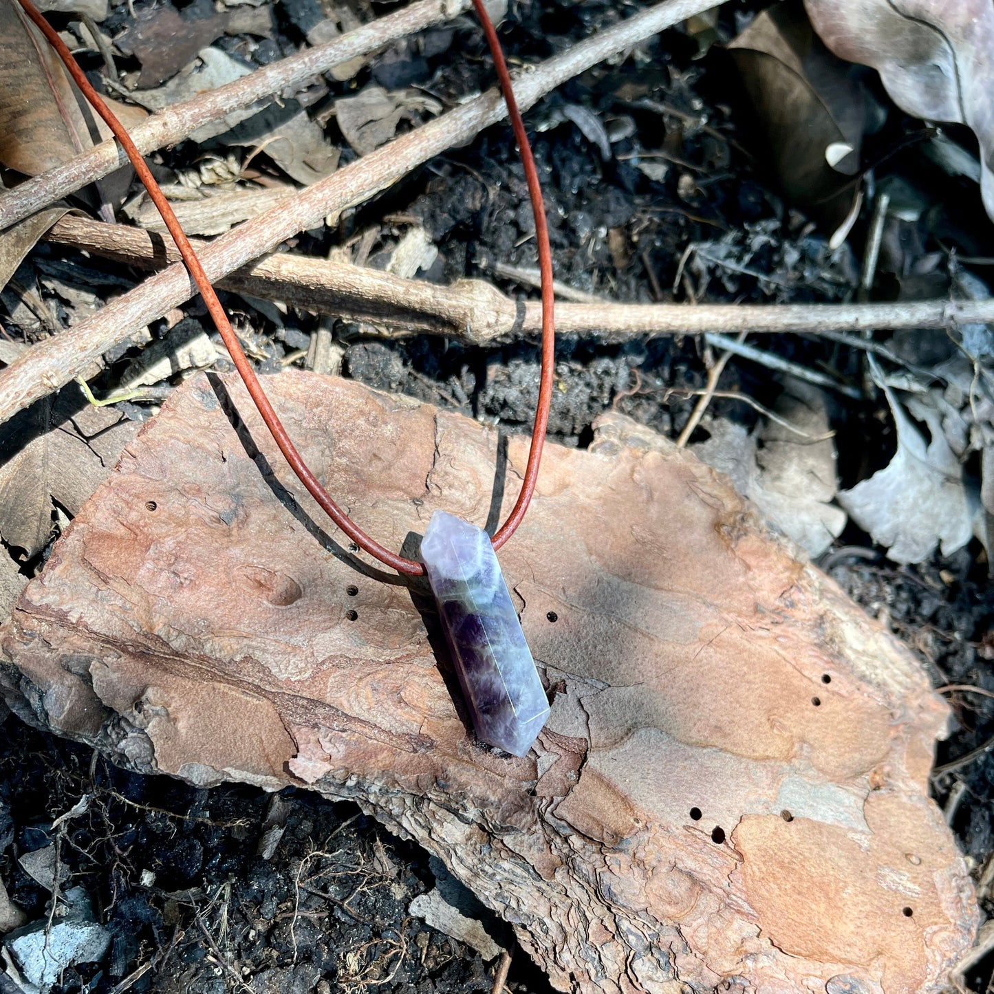 "Dabble In Dimensions" Purple Amethyst Stone Pendant Leather Necklace