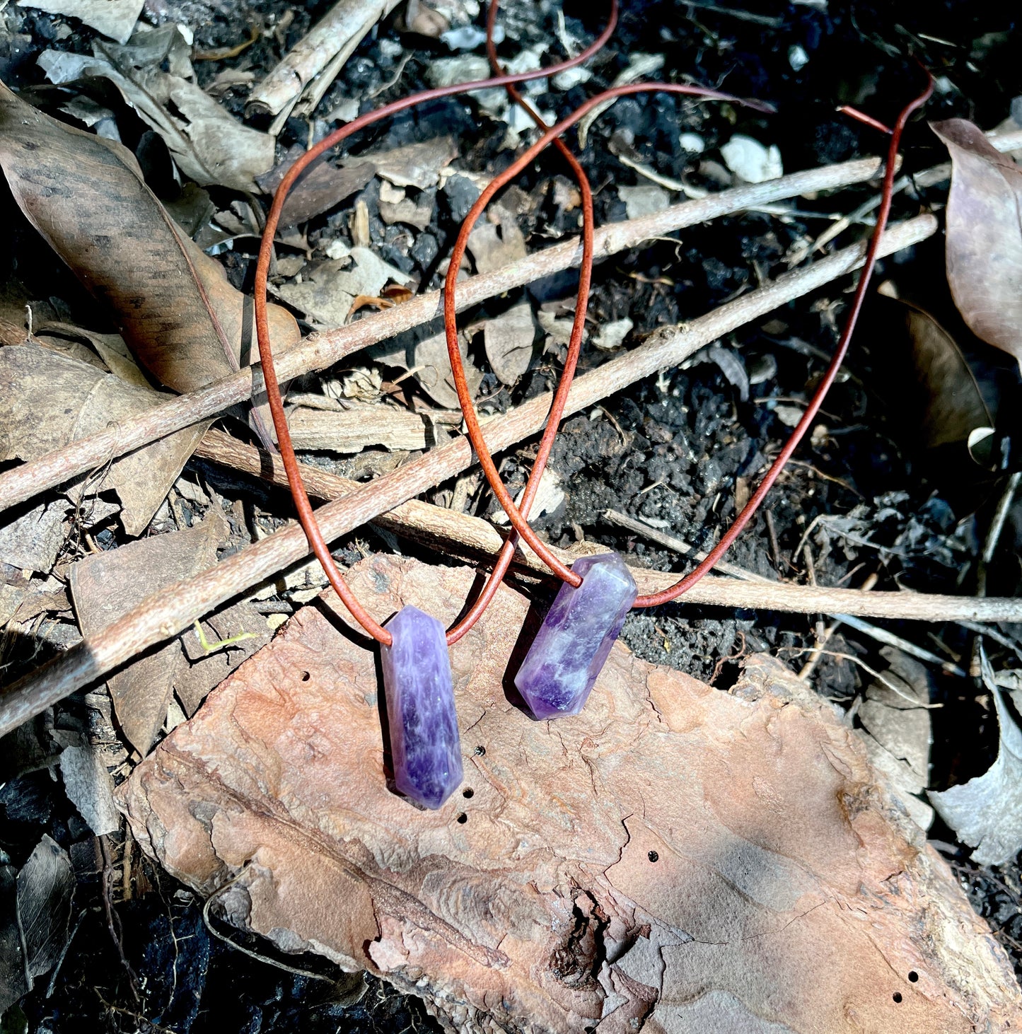 "Dabble In Dimensions" Purple Amethyst Stone Pendant Leather Necklace