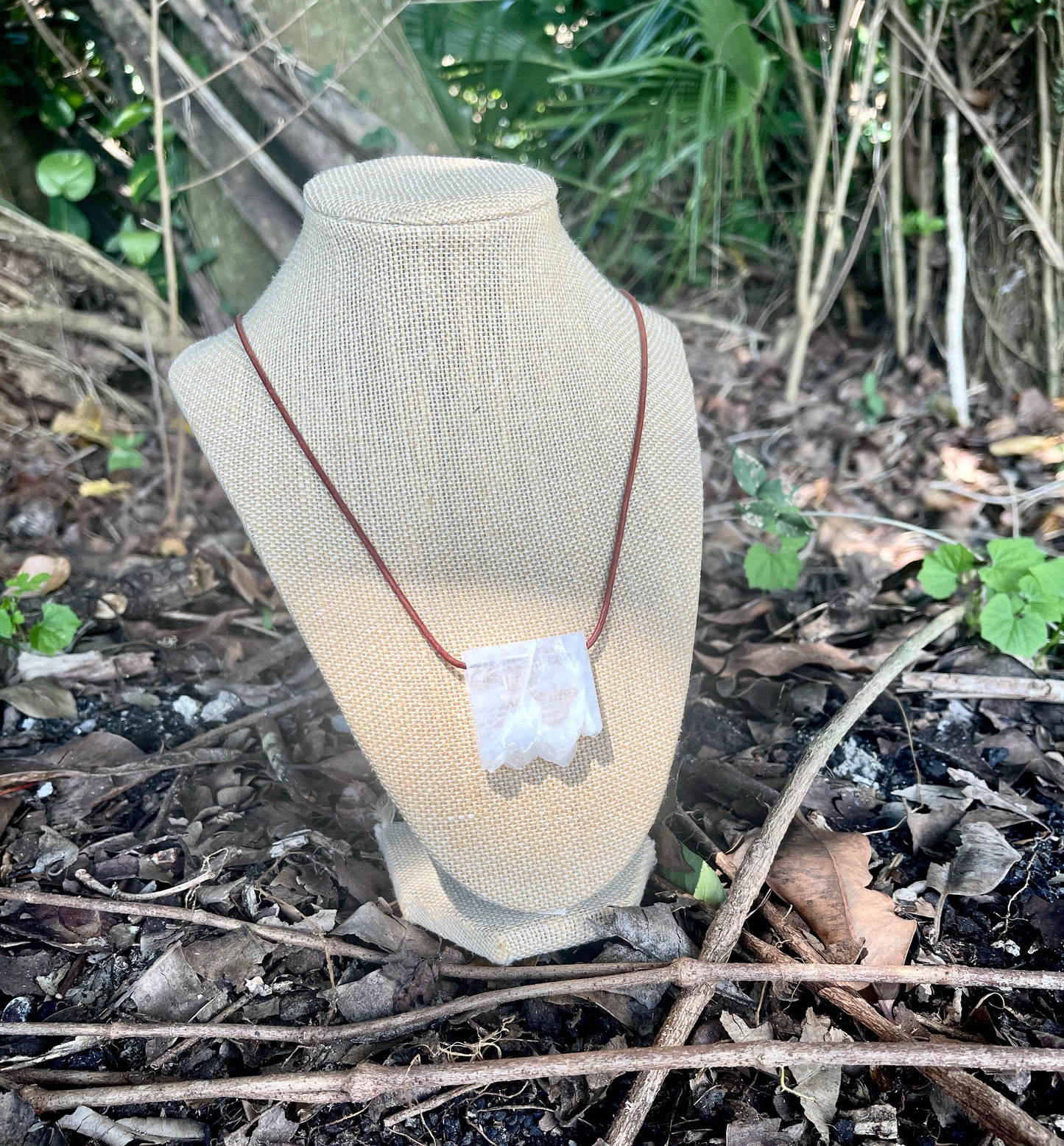 "Hosanna" White Druzy Geode Agate Sliding Pendant Rustic Leather Necklace