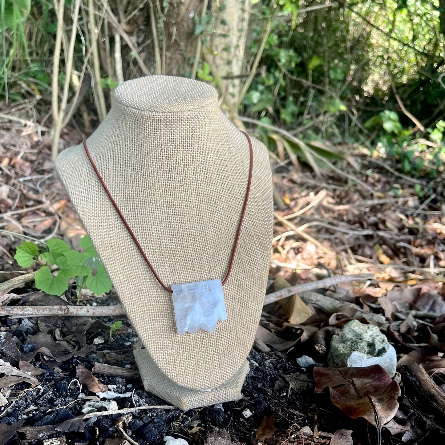 "Hosanna" White Druzy Geode Agate Sliding Pendant Rustic Leather Necklace