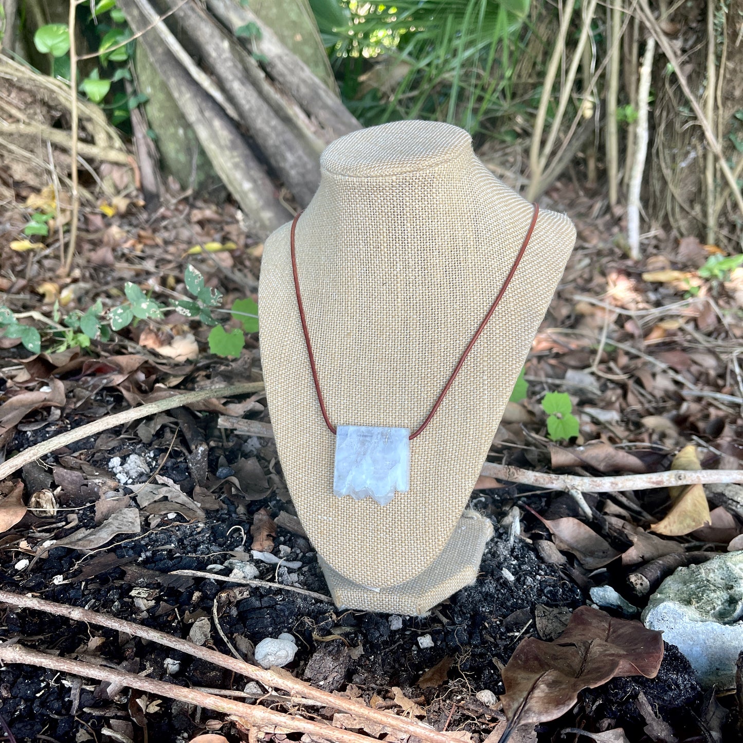 "Hosanna" White Druzy Geode Agate Sliding Pendant Rustic Leather Necklace