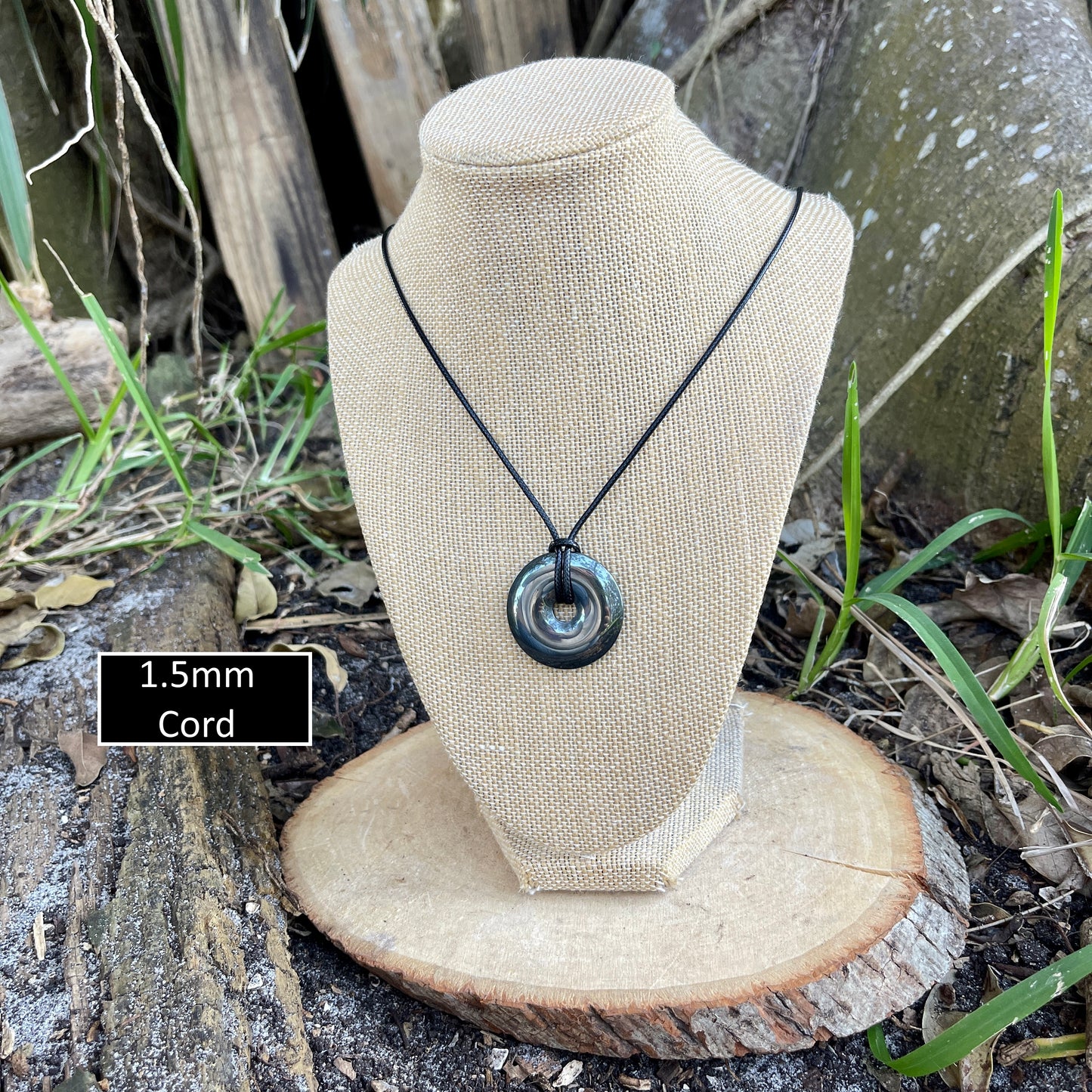 "Break the Spell" Hematite Donut Pendant Cotton Necklace