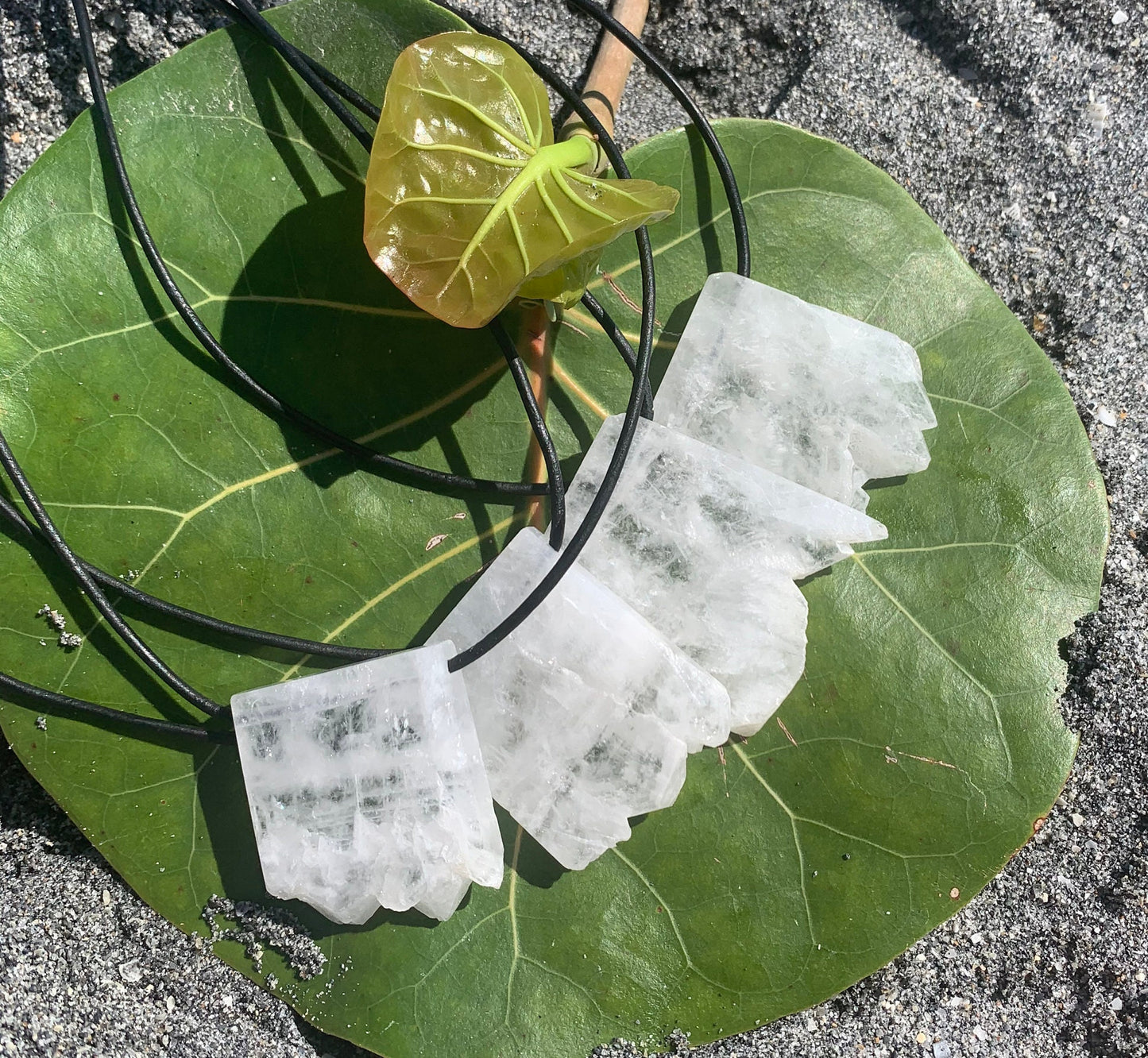 "Echo Location" Raw White Agate Crystal Quartz Stone Pendant on Black Leather Cord Tied In Back