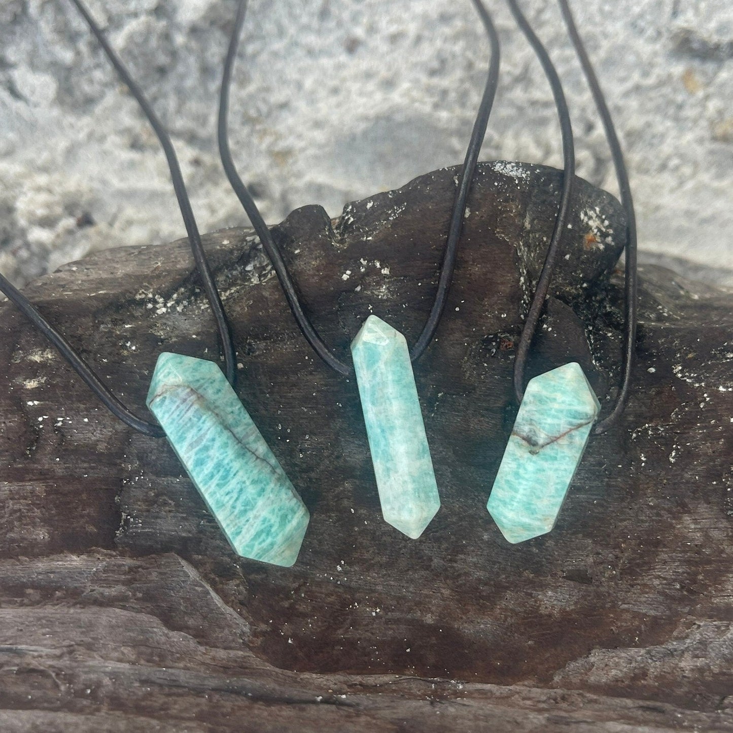 "Andies"  Peruvian Amazonite Crystal Point Leather Necklace