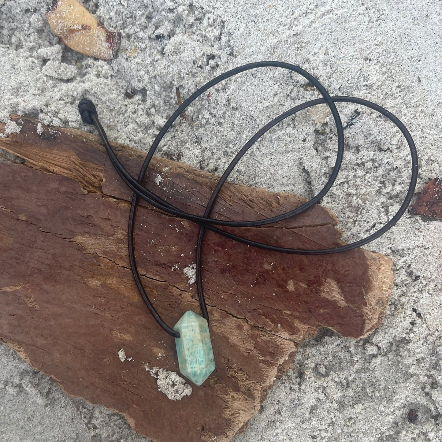 "Andies"  Peruvian Amazonite Crystal Point Leather Necklace