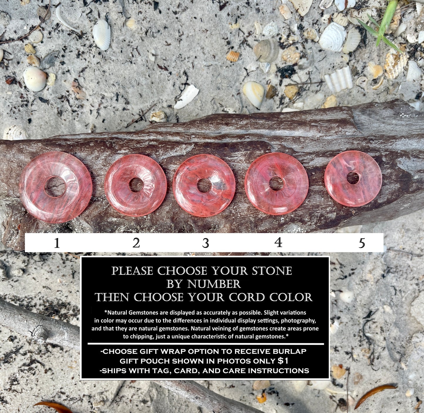 "Ibiza Sunset" Cherry Quartz Glass Donut Cotton Necklace